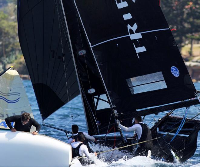 Race 4 – A near miss for Triple M as she avoids a Finn Class boat on the run into Rose Bay – 18ft Skiffs Spring Championship ©  Frank Quealey / Australian 18 Footers League